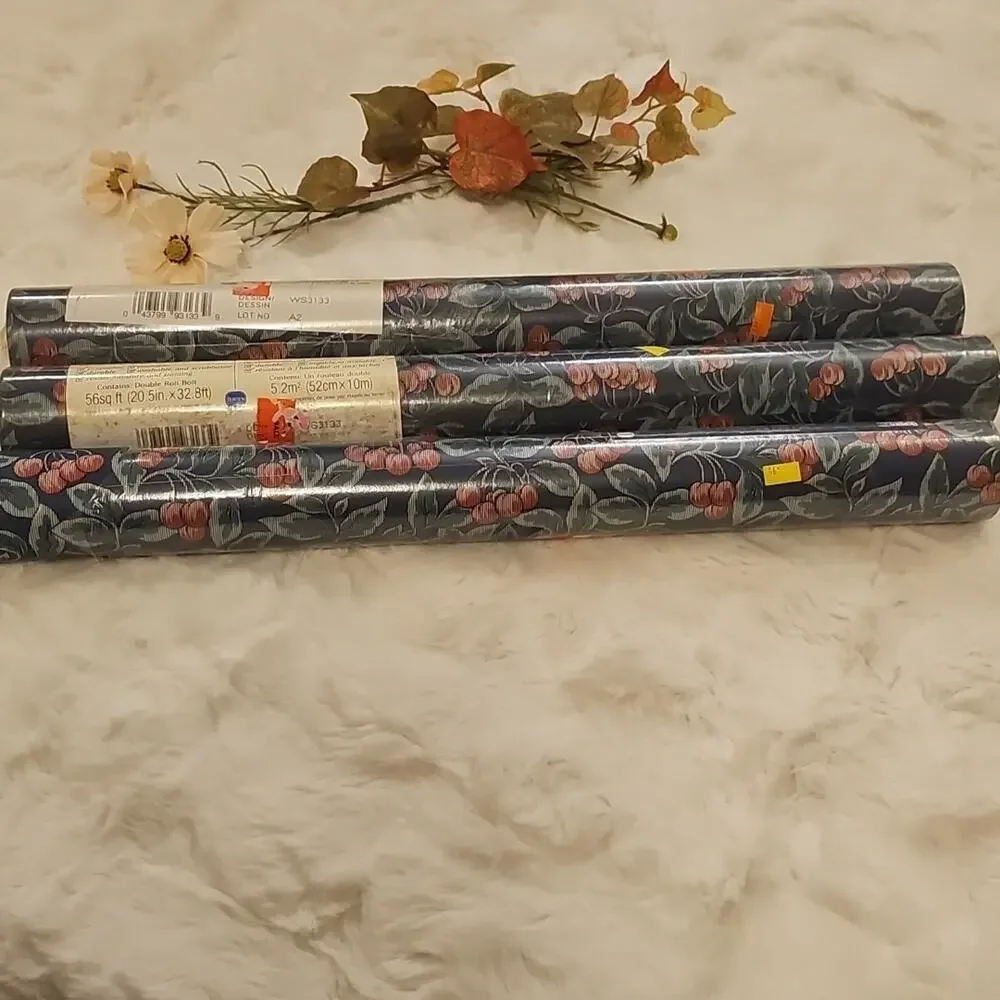 Vintage Borden Style Solid Vinyl Wallcovering Pasted Navy Blue Cherries